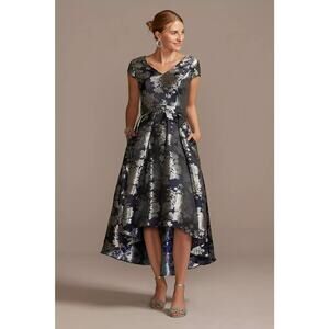 Oleg Cassini Navy and Silver High Low Dress